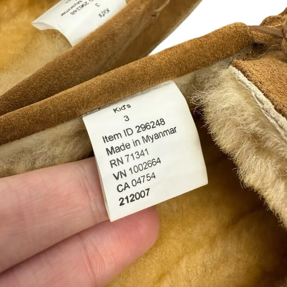 LL BEAN Slippers Kids 3 Brown Suede Shearling Lined Wicked Good Moc